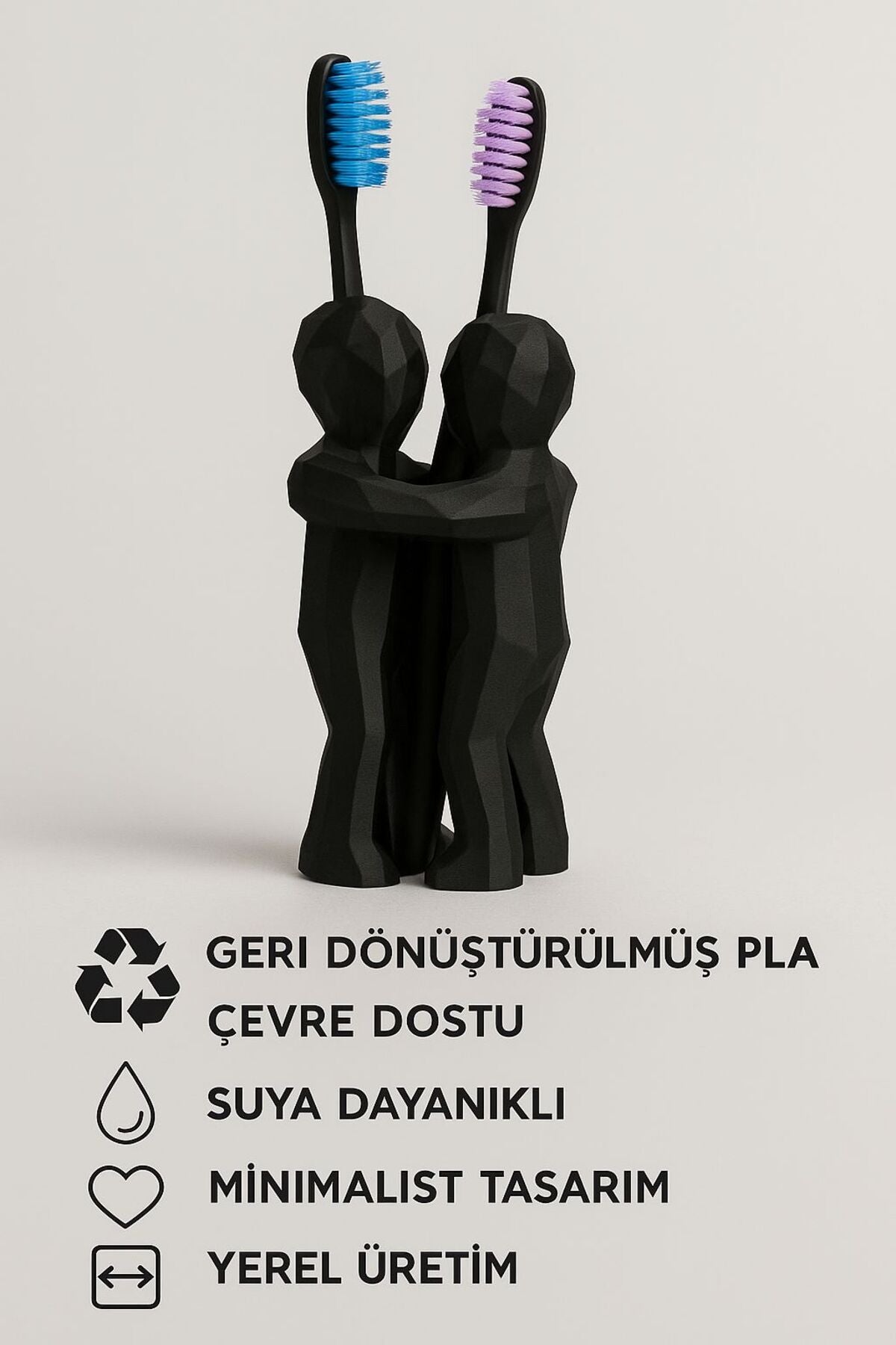 3D Hediye Çiftler İçin Diş Fırçalığı Minimalist Banyo Aksesuarı Geri Dönüştürülmüş PLA - Siyah