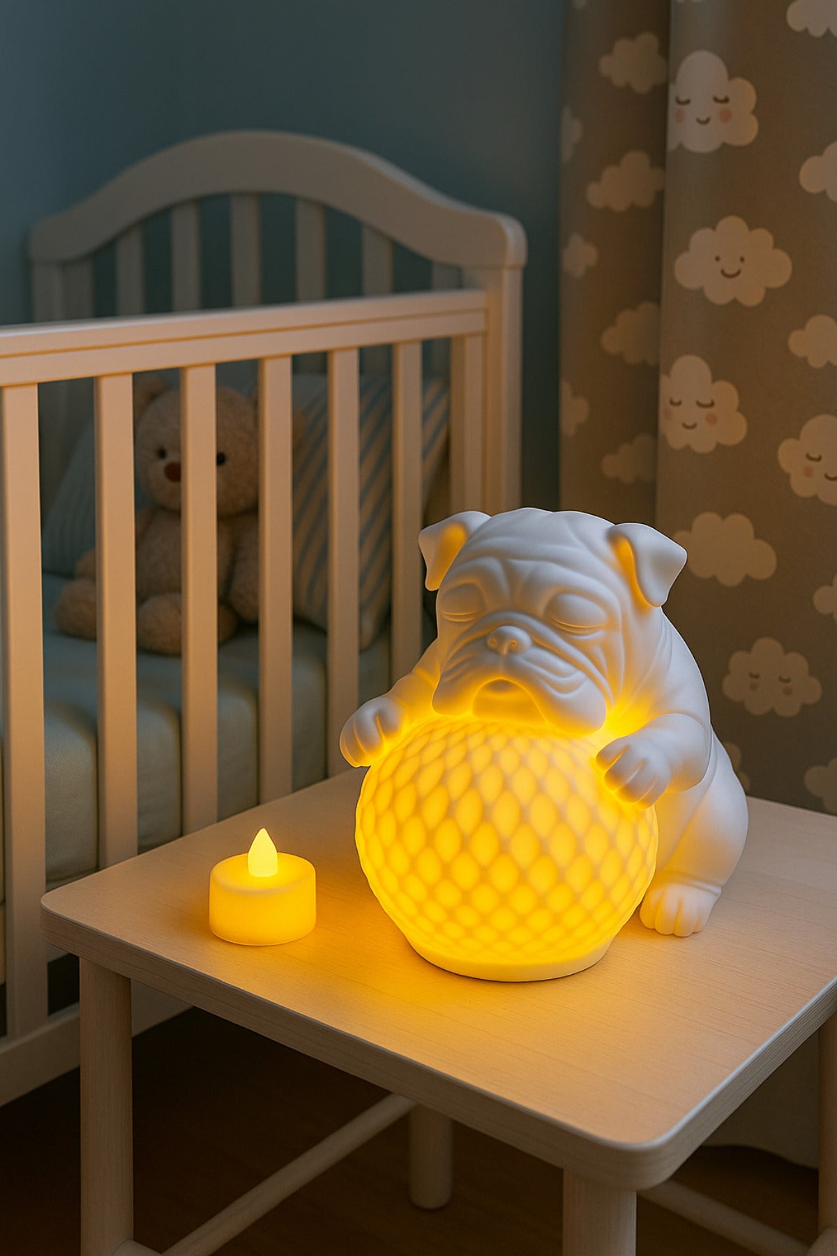 Bulldog Tasarımlı 3D Dekoratif Masa Lambası, Estetik Çocuk Odası Gece Lambası, Tealight 25x25 cm