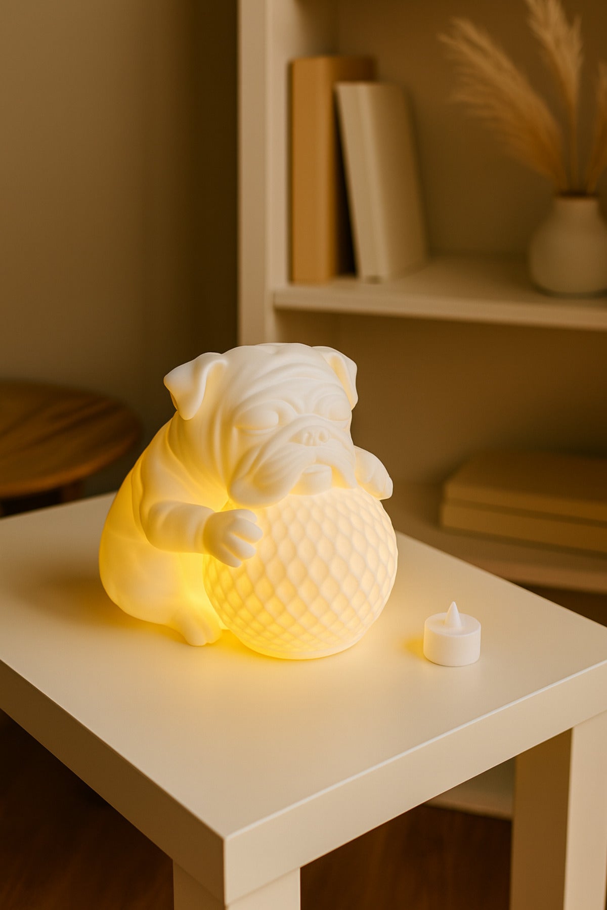 Bulldog Tasarımlı 3D Dekoratif Masa Lambası, Estetik Çocuk Odası Gece Lambası, Tealight 25x25 cm