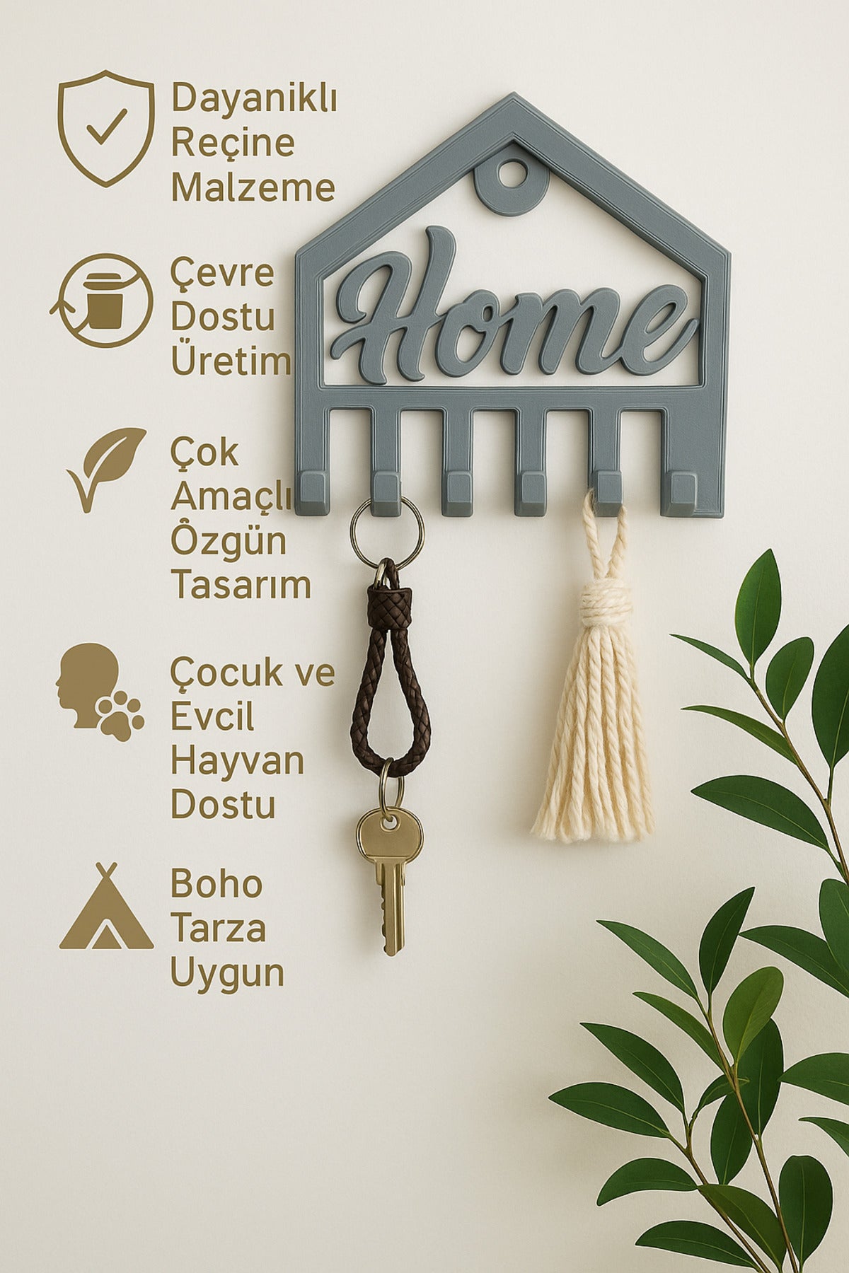 Dekoratif Açılır Kapanır Anahtar Askı Home Detay 15x15 Cm