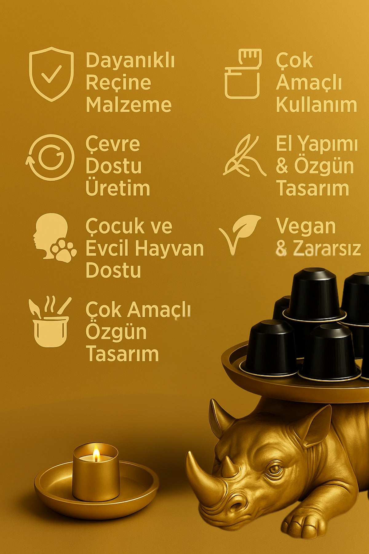 Dekoratif Tasarım Gold Gergedan Sunum Not Pratik Gereç Vegan Üretim 14x14 Cm