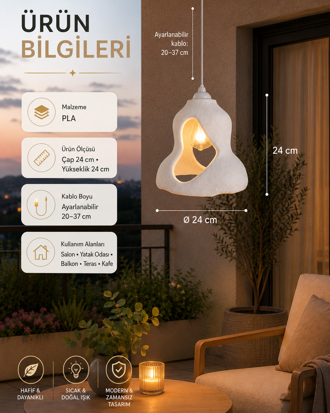 Delikli Modern Sarkıt Avize, Plastik, Beton Dokulu - Beyaz