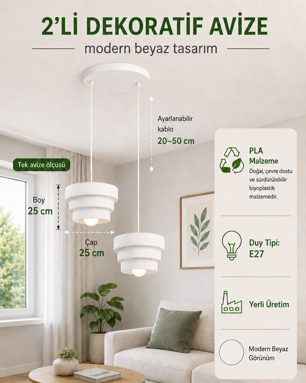 Katmera İkili Avize - Eskit Beton Görünümlü Basamak Desenli Sarkıt Avize -Beyaz