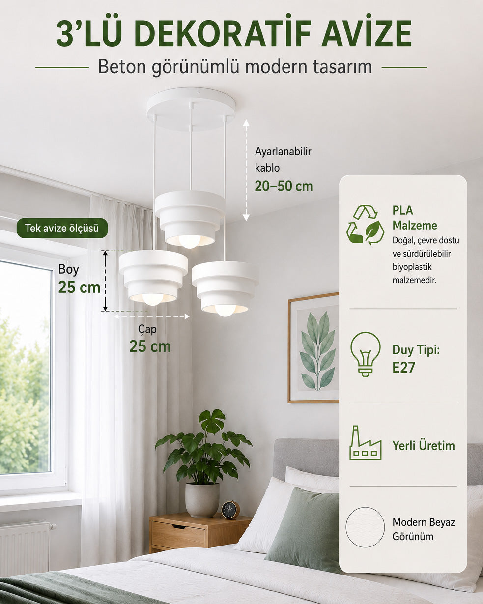 Katmera Üçlü Avize - Eskit Beton Görünümlü Basamak Desenli Sarkıt Avize - Beyaz