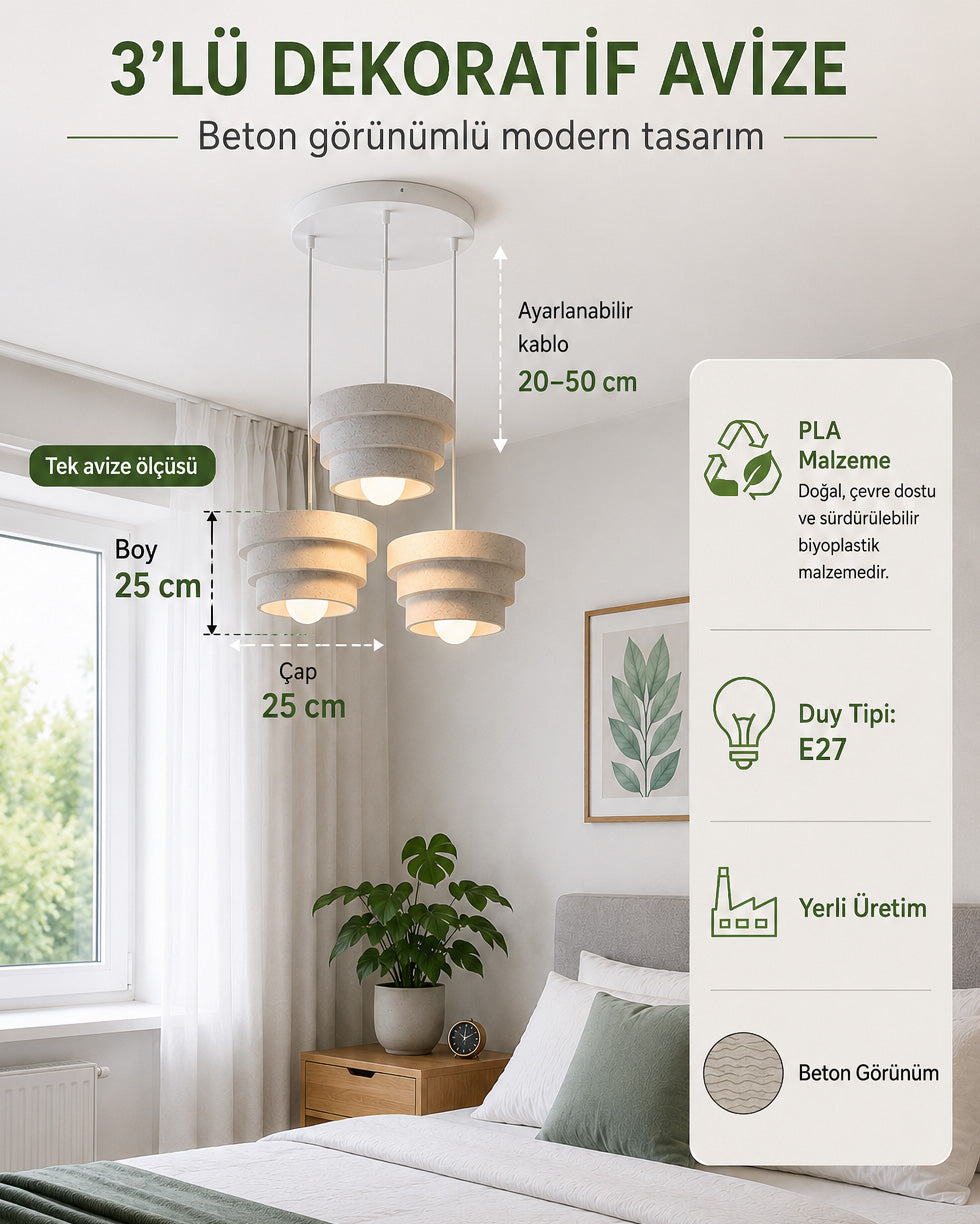 Katmera Üçlü Avize - Eskit Beton Görünümlü Basamak Desenli Sarkıt Avize - Gri