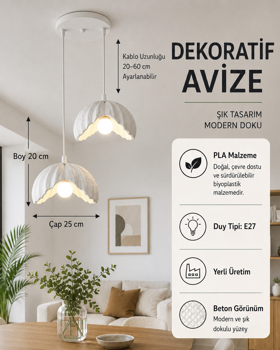 Lotus Çiçek Tasarım 2'li Avize - Modern Gece Lambası - Beyaz