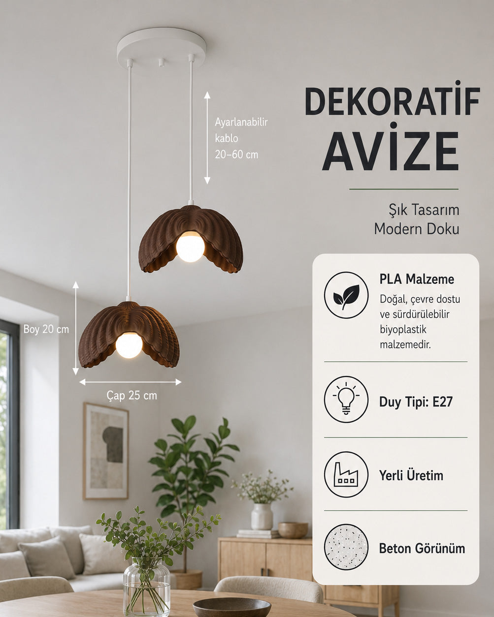 Lotus Çiçek Tasarım 2'li Avize - Modern Gece Lambası - Kahverengi