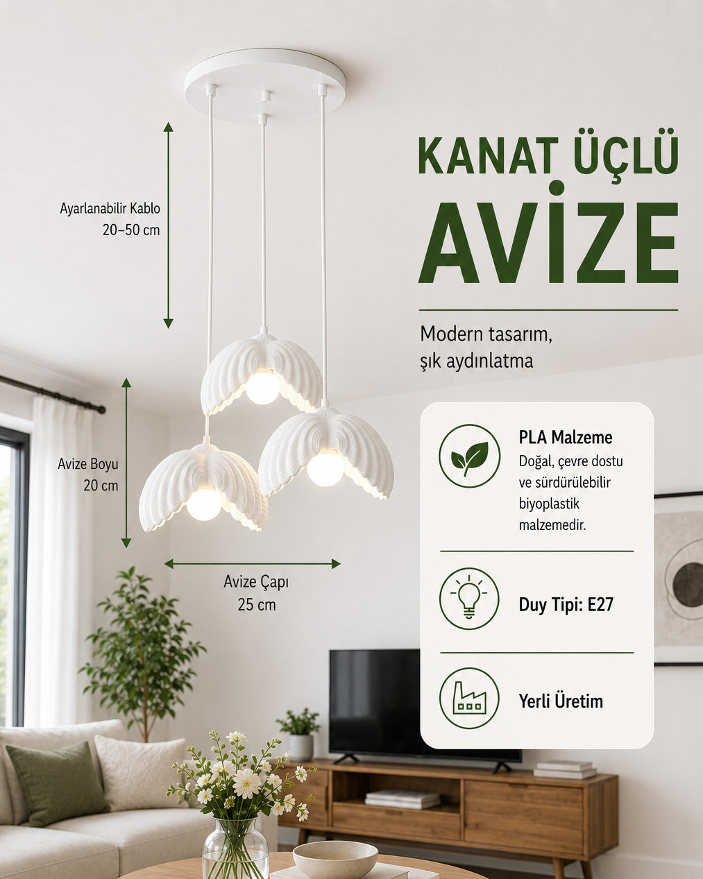 Lotus Çiçek Tasarım 3'lü Avize - Modern Gece Lambası - Beyaz