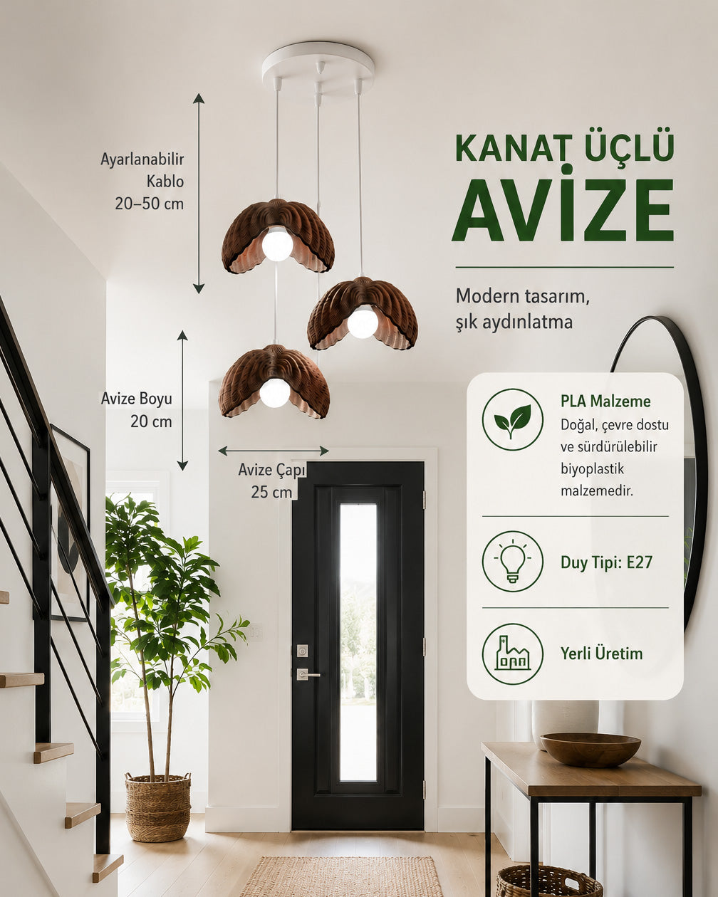 Lotus Çiçek Tasarım 3'lü Avize - Modern Gece Lambası - Kahverengi
