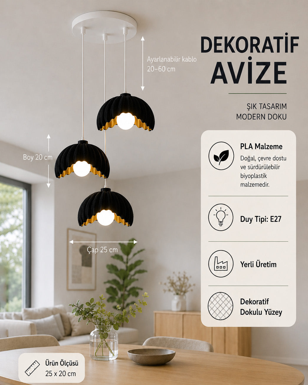 Lotus Çiçek Tasarım 3'lü Avize - Modern Gece Lambası - Siyah