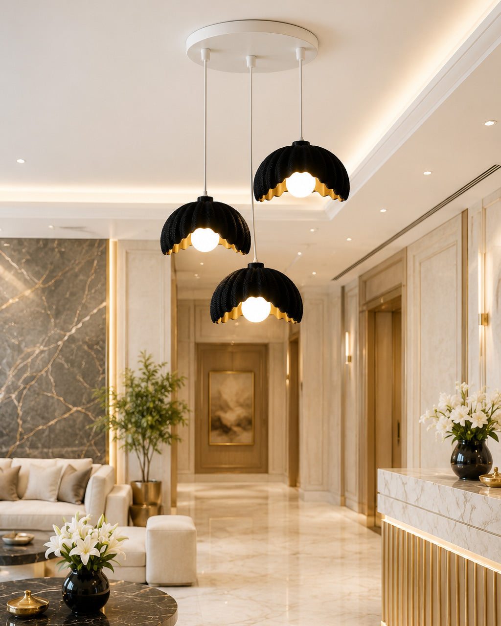 Lotus Çiçek Tasarım 3'lü Avize - Modern Gece Lambası - Siyah