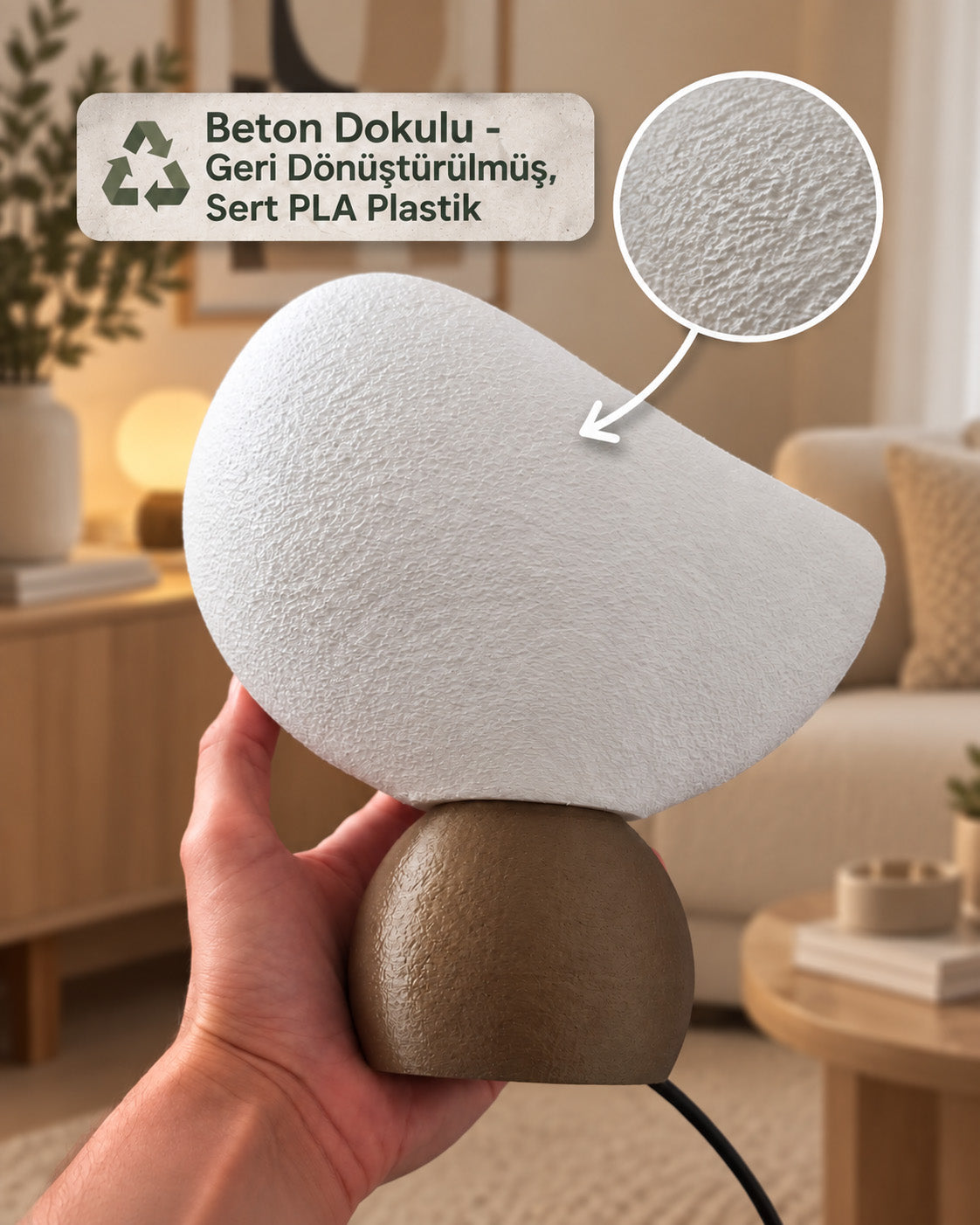 Luna Abajur - Beyaz/Bronz - Beton Dokulu, Dekoratif Abajur