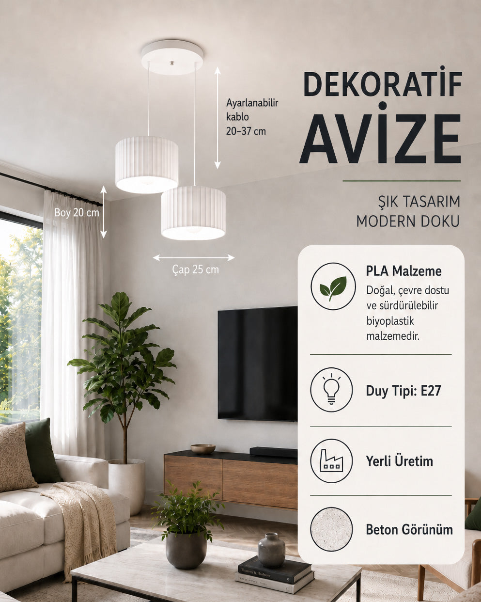 Lüx Avize - Dekoratif Sarkıt Avize - 2'li Beyaz