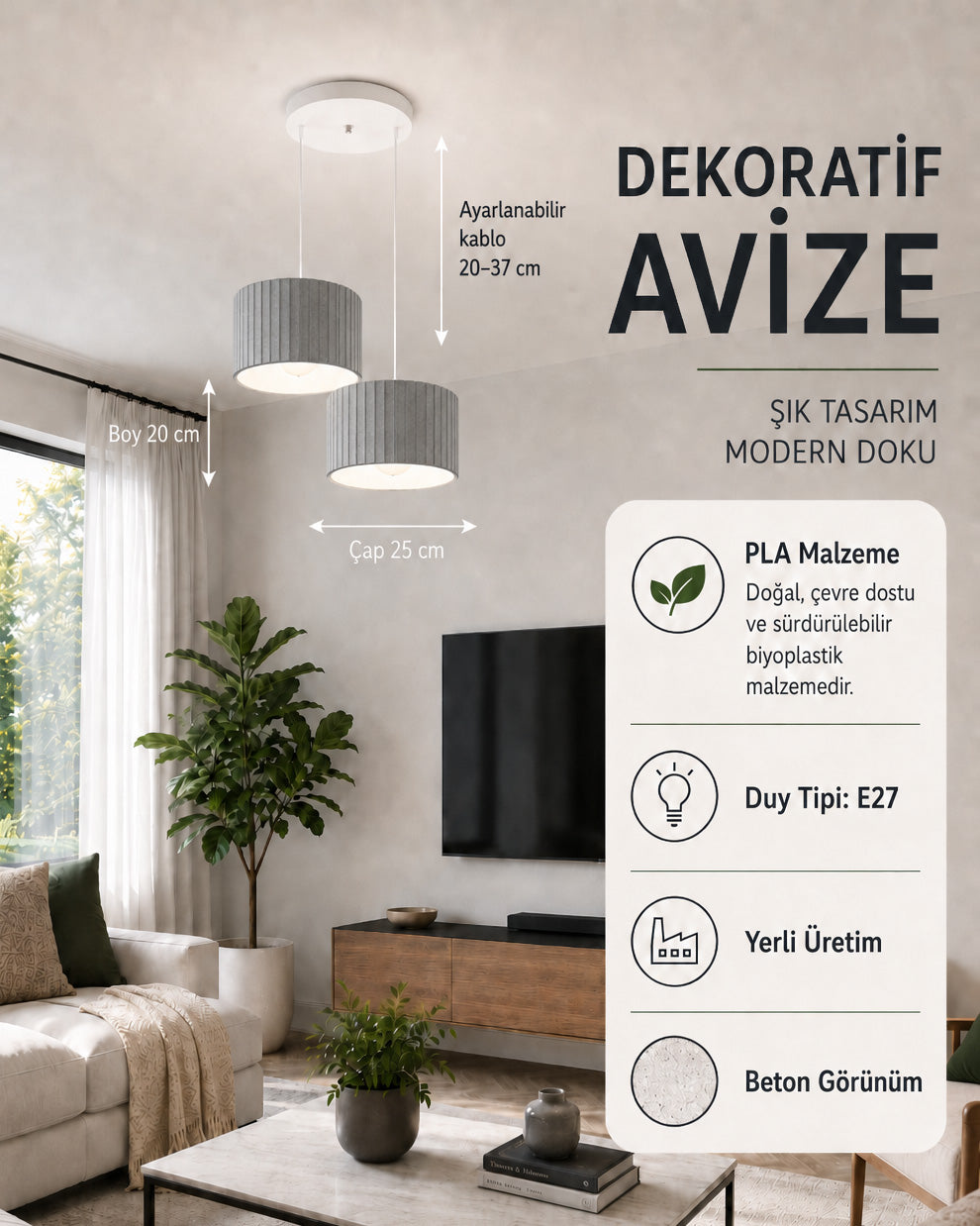 Lüx Avize - Dekoratif Sarkıt Avize - 2'li Gri