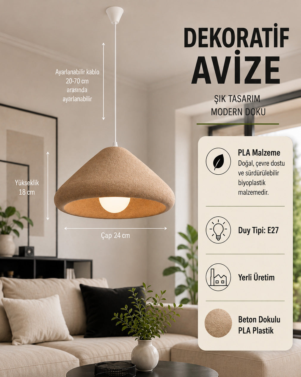 TUMRA Konik Formlu Sarkıt Avize, Beton Dokulu - Açık Kahve