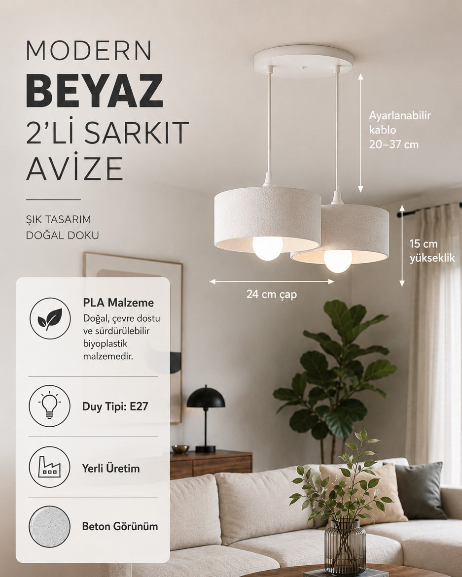 Oval Tip Sarkıt Avize 2'li - Beyaz