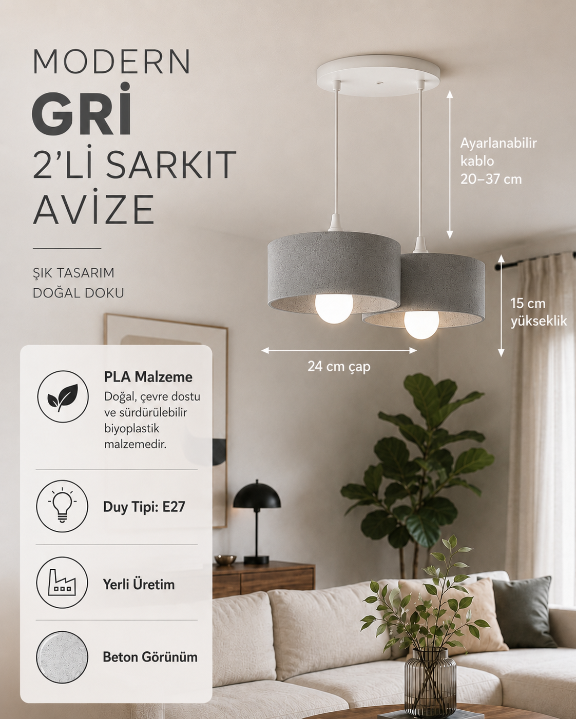 Oval Tip Sarkıt Avize 2'li - Gri