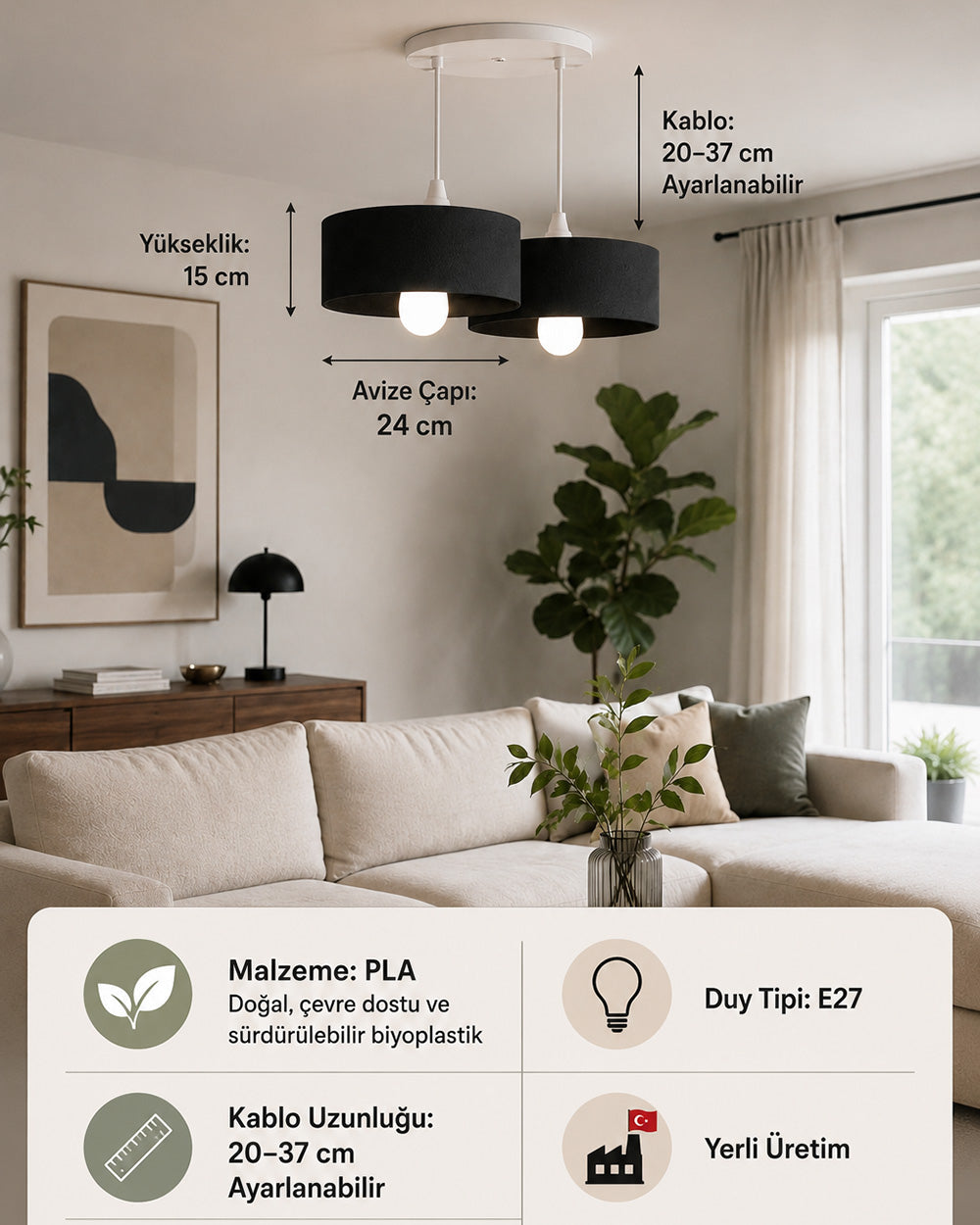 Oval Tip Sarkıt Avize 2'li - Siyah