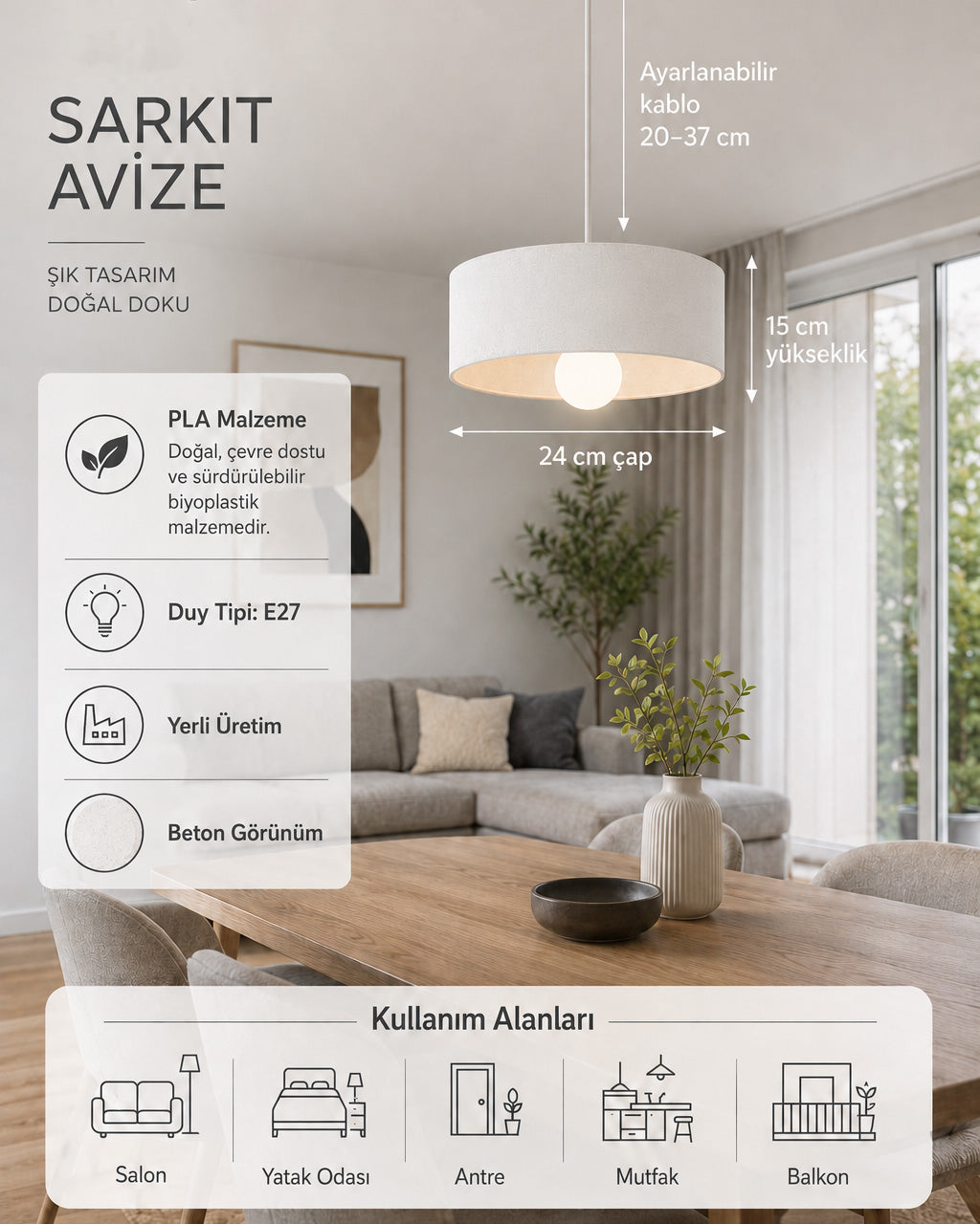 Oval Tip Sarkıt Avize - Beyaz