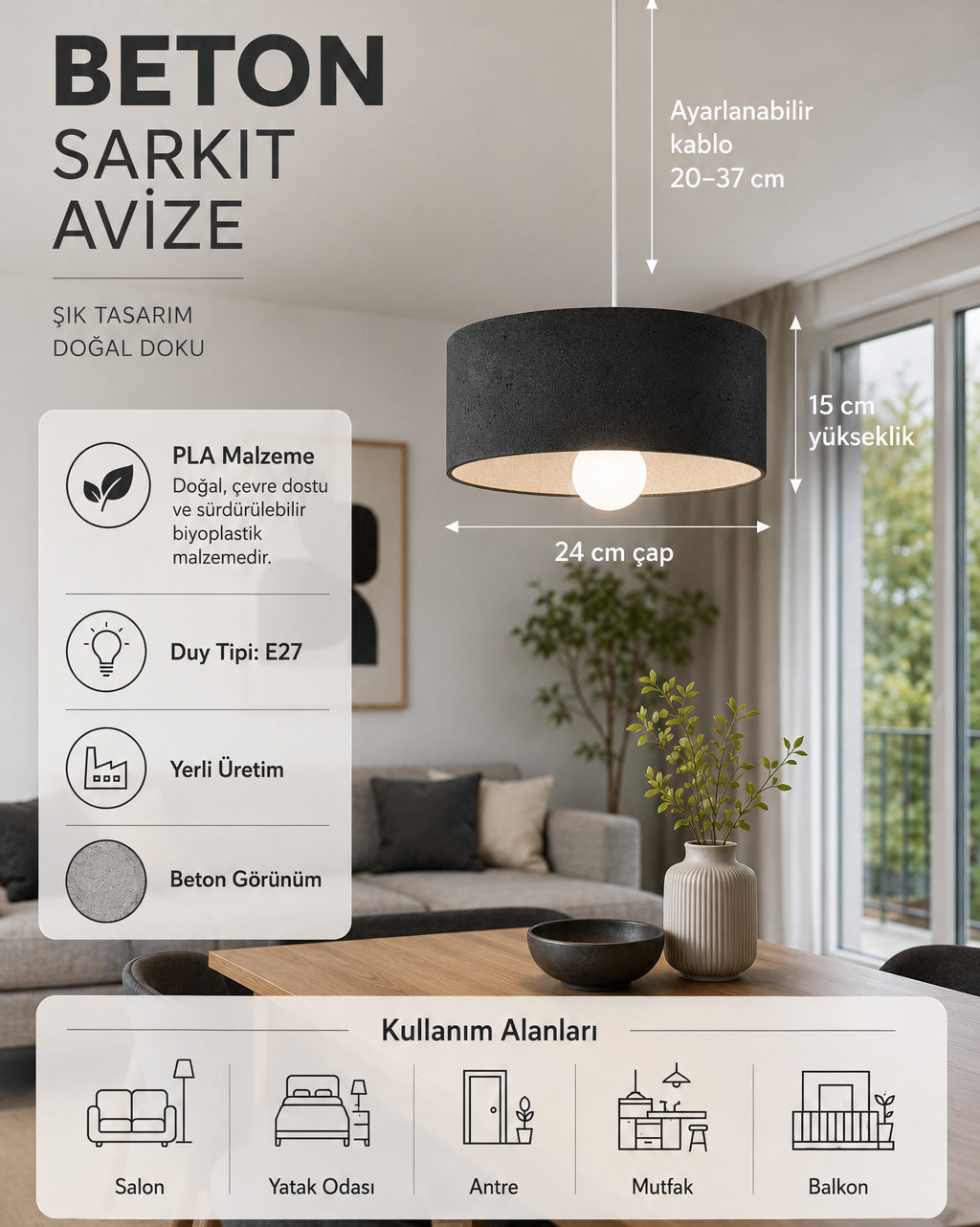 Oval Tip Sarkıt Avize - Siyah