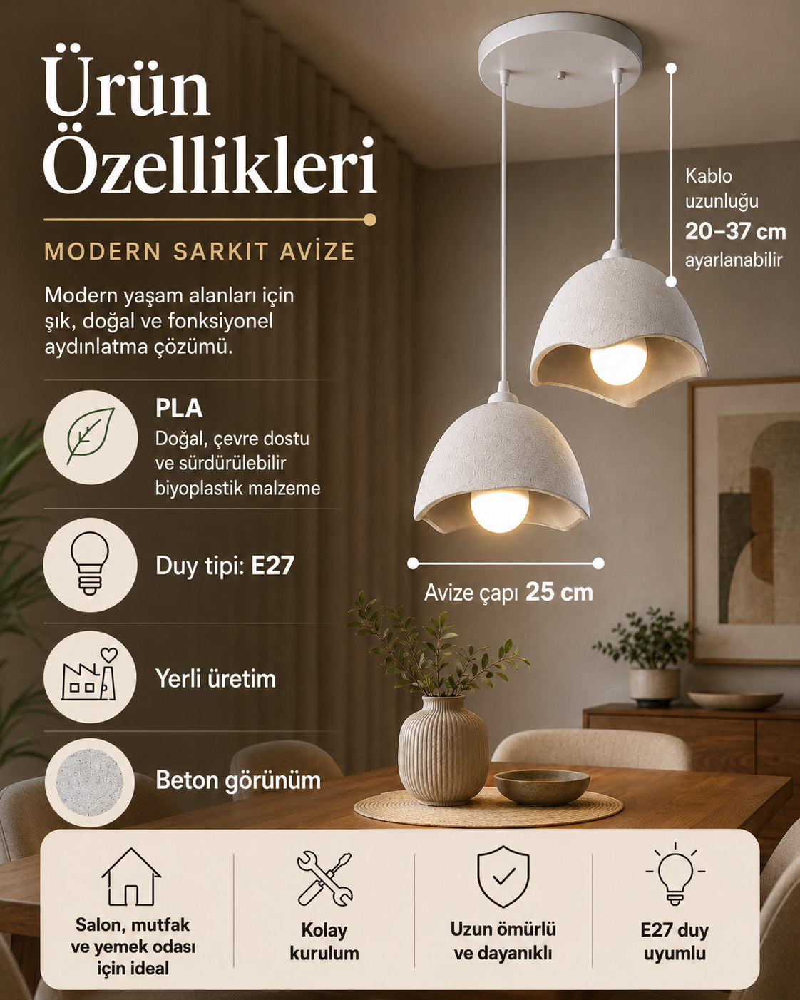 Şapka Tip Sarkıt Avize 2'li, Plastik, Beton Dokulu - Beyaz