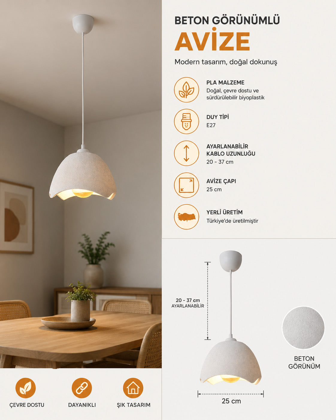 Şapka Tip Sarkıt Avize, Plastik, Beton Dokulu - Beyaz