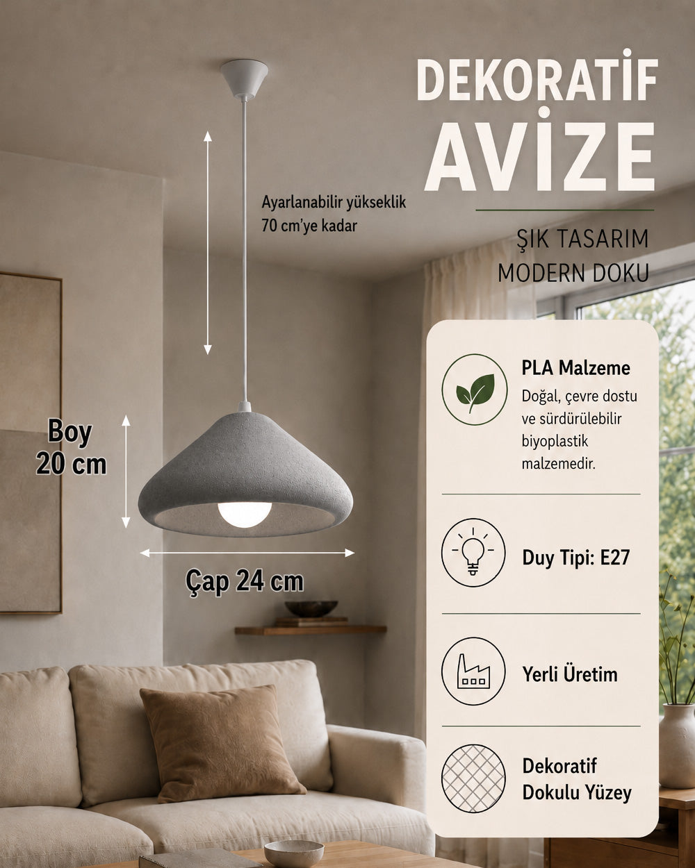 TUMRA Konik Formlu Sarkıt Avize, Beton Dokulu - Gri