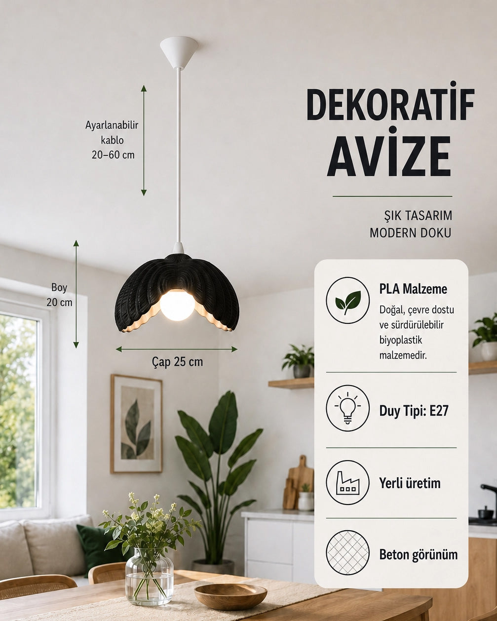 Wings Kanat Form Avize - Yatak Odası, Salon İçin Sarkıt Avize - Siyah